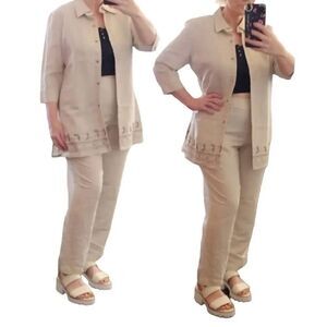 VTG Khaki 2 Piece Linen Embroidered Button Up Top and Pants Set Size 12